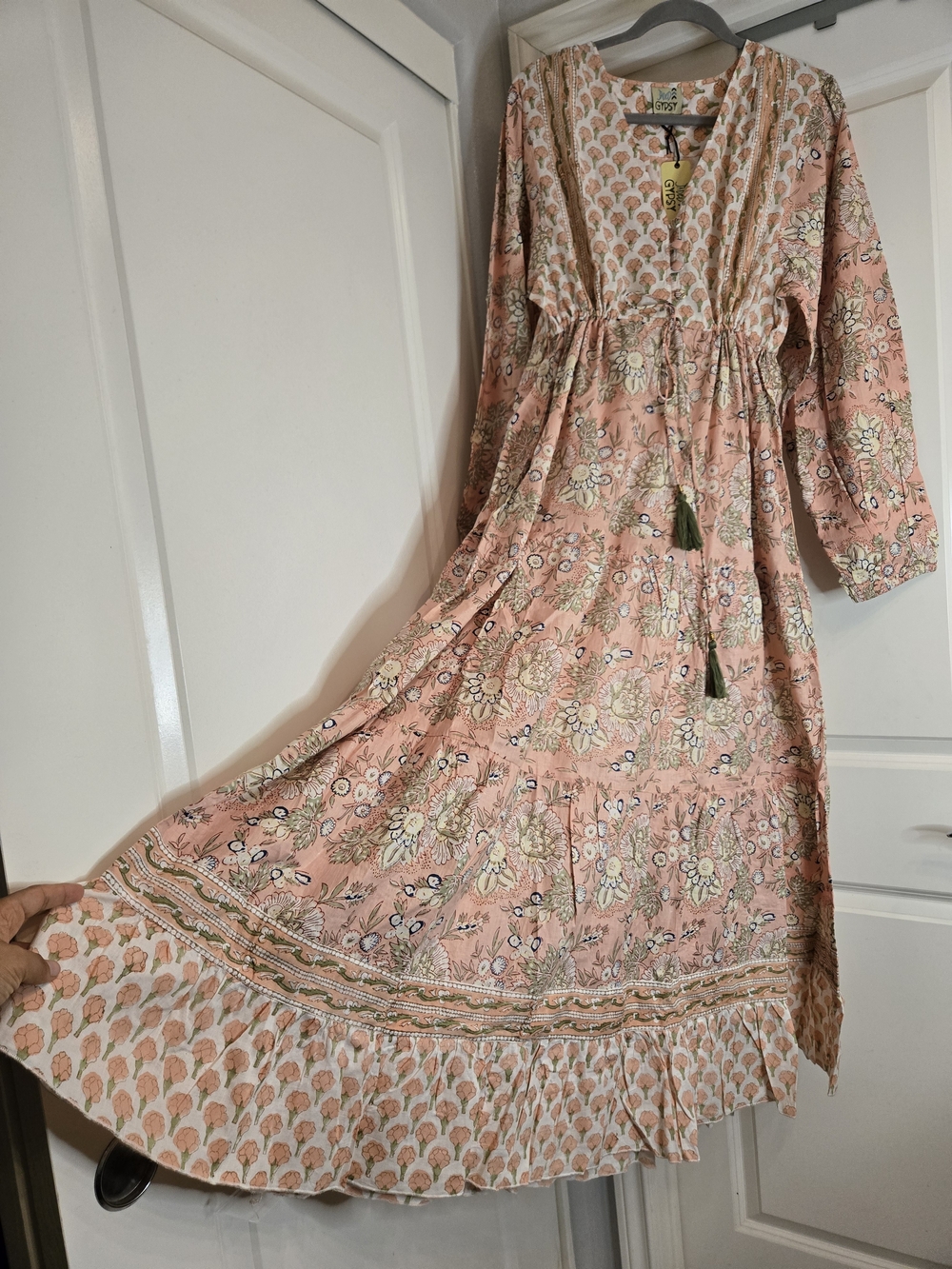 Jaded Gypsy Floral Cotton Tiered Maxi Dress with Tassel Tie, Size L/XL